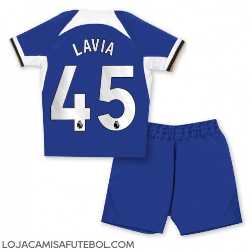 Camisa de Futebol Chelsea Romeo Lavia #45 Equipamento Principal Infantil 2023-24 Manga Curta (+ Calças curtas)